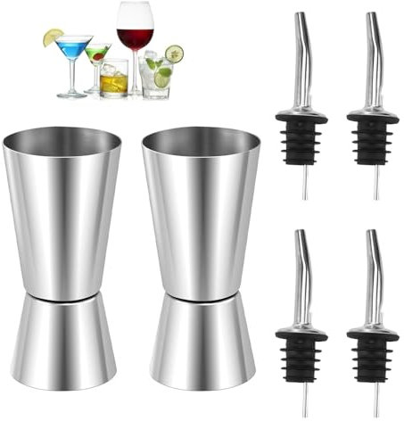 2 Pcs Stainless Steel Double Spirit Measures - 25ml & 50ml with 4Pcs Bottle Pourers