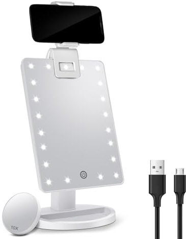 FASCINATE Makeup Vanity Mirror with Lights and Phone Holder and Detachable 10X Magnification, 21 Led Lights Adjustable Dimming Touch Sensor, Dual Power Supply, 180° Rotation, Portable Cosmetic Mirror