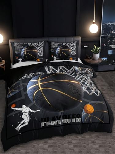 Schwarzgold-Basketball Bettwäsche 135x200cm Basketballfähigkeiten Kinder Bettbezug Set 3 Teilig Microfaser 3D Motiv Luxus Modern Bettdeckenbezug Mit Reißverschluss und 2 Kissenbezüge 80x80cm