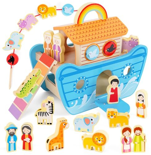 Arche Noah Holz, Taufgeschenke für Jungen Mädchen, Holzspielzeug ab 2 3 4 Jahr Kinder, Montessori Fädelspiel Spielzeug Tier Sortier Stapel, Bibel Buch Taufe Geschenk