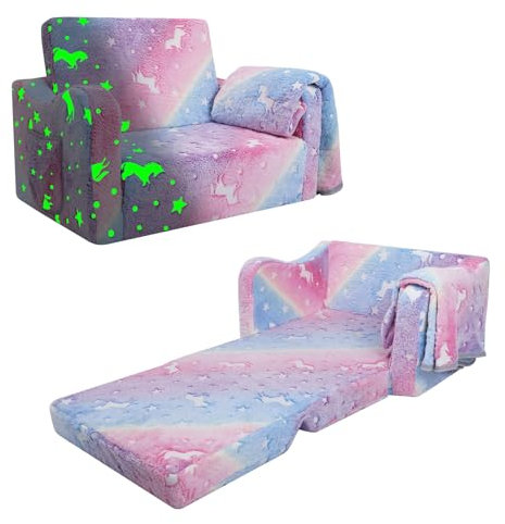 Kindersofa Ausklappbar mit Decke,2 in 1 Schlafsofa Kindersessel für Mädchen,Leuchtendes Kinder Couch für Schlafzimmer Spielzimmer Kinderzimmer,Geschenk zum Geburtstag-Einhorn