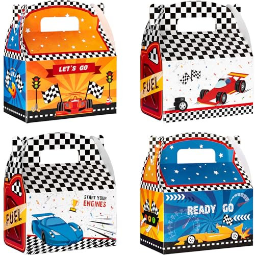 WERNNSAI Race Car Party Treat Boxes - 12 PCS Racing Car Party Favor Boxes Paper Candies Goodies Gift Boxes for Boys Checkered Racing Car Birthday Party Decoration Supplies
