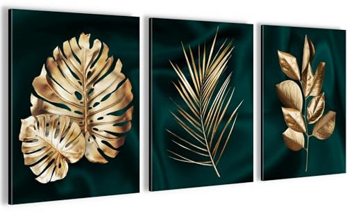 Novart Wandbilder Set Goldene Blätter - KOMPLETT AUFHÄNGFERTIG - Wohnzimmer Schlafzimmer Flur Deko - 3 Moderne Bilder Grün Gold - N034435a