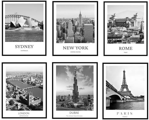 ELEVENSPACE Schwarz-weiße Wandkunst-Dekor, New York, London, Tokio, Paris, Eiffelturm, Wanddekoration, Kunst, moderne Boho-Wandkunst für Wohnzimmer, Schlafzimmer, Poster, 20,3 x 25,4 cm, ungerahmt