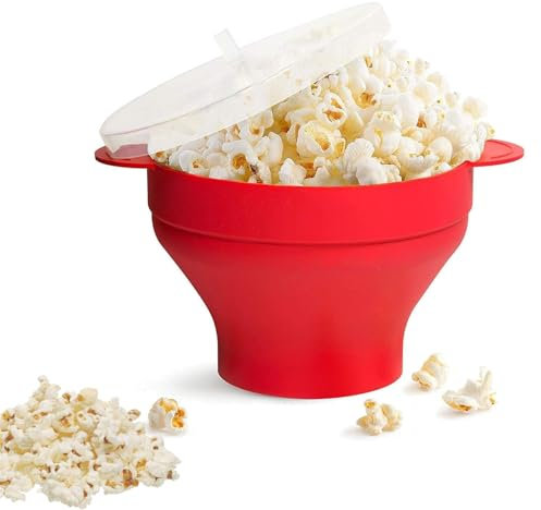 Popcorn Maker, 25 x 14.5 cm Microwave Popcorn Machine, Silicone Popcorn Maker, With Lid and Handle, Foldable Popcorn Maker, Dishwasher Safe, Great for Parties, Home, Kitchen, Red