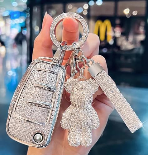 Autoschlüssel Hülle kompatibel mit Audi A1 A3 A4 A6 A8 Quattro Q2 Q3 Q7 R8 RS3 RS6 S3 S6 TT TTS Auto Schlüsselbox Cover mit Schlüsselbund (Glitzerndes Silber)