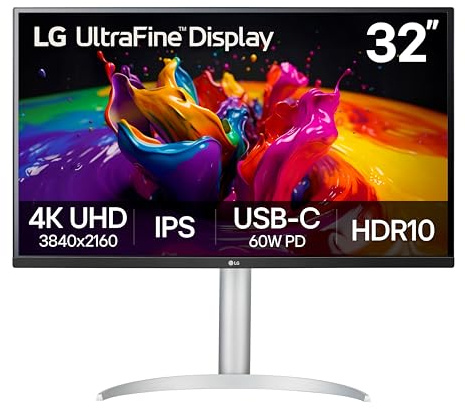 LG 32UP83AK-W 32-inch Ultrafine 4K UHD (3840 x 2160) IPS Computer Monitor, 60Hz, HDR10, Built-in Speaker, Reader Mode, HDMI, DisplayPort, USB Type-C 60W PD, Tilt/Height/Pivot Adjustable Stand, White