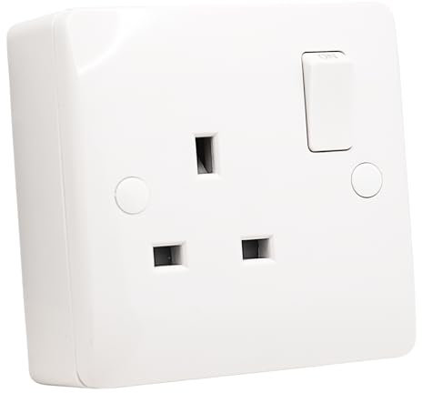 SHPELEC® 13A 1 Gang Switched Socket with Curved Edge + 25mm Surface Mount Back Box – White, Screwless Look (1G Socket + Back Box, 1 Pack)