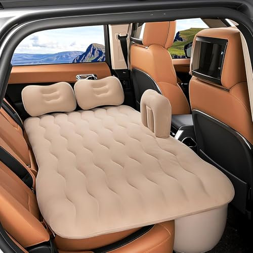 AirSwimmers Auto Matratze Rückbank - Auto Bett Rückbank mit Seitenleiste，Auto Matratze mit 2 Kissen, Weich und Bequem Luftmatratze Rücksitz, Luftmatratze Geeignet für Camping und Reisen, Beige