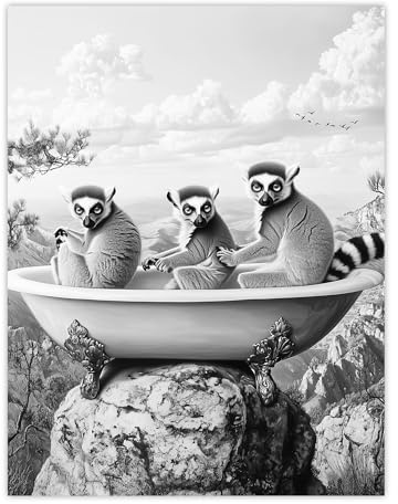 Artery8 Ring-tailed Lemurs in Bathtub Black White Surreal Bathroom Toilet Extra Large XL Wall Art Poster Print