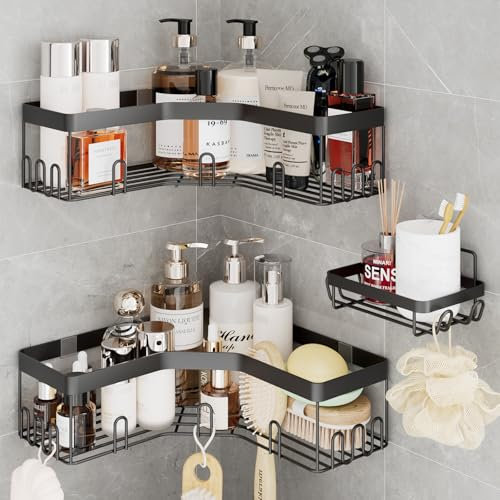 RUIHANDA 3 in 1 Upgrade Duschregal Edelstahl【15KG Tragkraft!】【10mm Verdickt vs Markt 1mm】【6cm Hochkante + 22 Haken】 Rostfreies Dusche Ablage Ecke Organizer, Ohne Bohren - Starke Klebepads, Schwarz