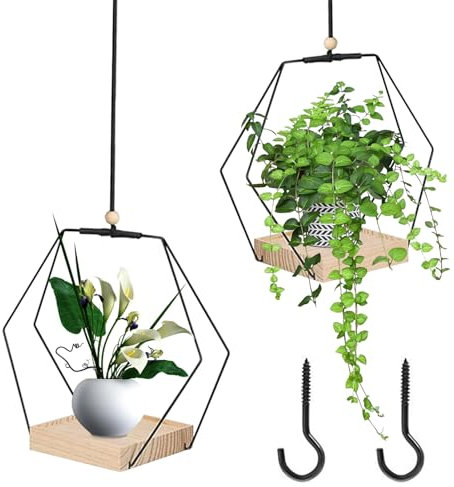 Bocguy 2 Stück Blumenampel Hängend Innen, Hängetopf für Pflanzen, Metallring mit Holzsockel, Blumenampel Schwarz, Hängender Blumentopf Hängend, Hängeampel Blumen für Balkon und Wohnzimmer
