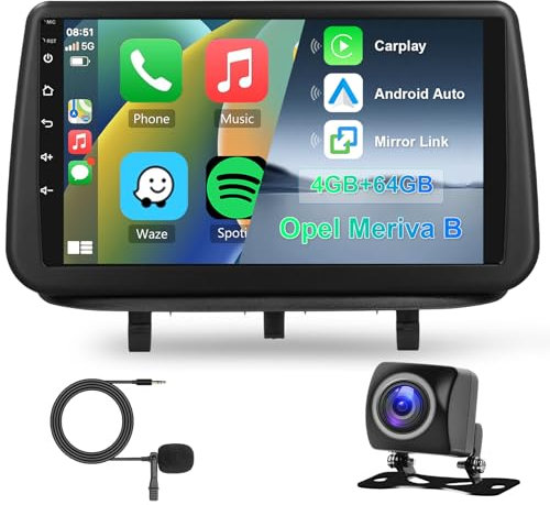 8 Core 4G+64G Android Autoradio für Opel Meriva B 2009-2014,Hodozzy 9 Zoll IPS Touchscreen mit Wireless Carplay Android Auto, Autoradio 2 Din Bluetooth Navi DSP WiFi FM RDS Rückfahrkamera