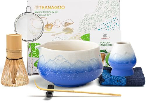 TEANAGOO 7 Pcs Matcha Whisk Set,Blue Matcha Set, Ceremony Matcha Powder Kit,Matcha Tea Set for Making Latte,Matcha Whisk Set and Bowl with Scoop&Sifter,Fuji Design Ceramic Bowl,Gift for Matcha Lovers
