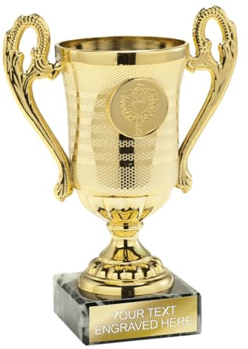 Classic Trophy Cup – 145mm Tall with Black Marble Base | Award Trophy for Competitions, Sports, Corporate Events & School Achievements, Available in Gold , Silver & Bronze, with free engraved plate.