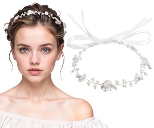 Bewudy Haarschmuck Kommunion Mädchen, Prinzessin Blumenkranz Haare Kinder Weiße Perlen Blumenstirnband Blumen Haarkranz Braut Haarschmuck Perle Stirnband für Party Fotografie Geburtstag Hochzeit