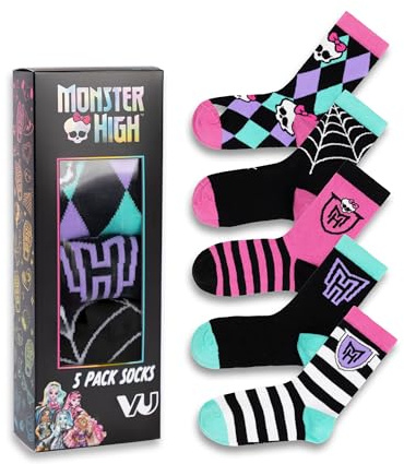 Monster High Girls Multicoloured Skulls and Stripes Calf Socks | Set of 5 Pairs | Fun Patterns Logos | Casual Everyday Socks for Kids | Argyle and Striped Designs - 12.5-3.5 UK Child