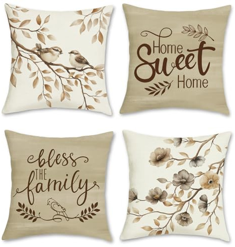 COZZSNUGE Braun Blumen Vögel Kissenbezüge 45 x 45 cm, Outdoor Garten Blume Bauernhaus Polyester Dekorative Kissenhülle Zierkissenbezüge für Sofa Wohnzimmer Zuhause Patio 4er