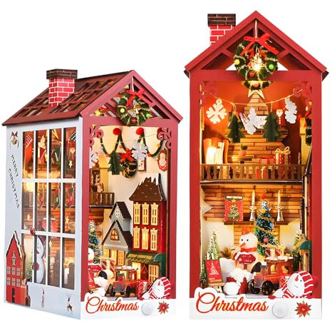 Taimimy Maison de Poupée en Bois Miniature Noël, Maison a Construire Kit,DIY Miniature De Jardin House avec Meubles et Lumière LED, Noël Cadeau de Bricolage Adultes（Serre-Livres de Noël）