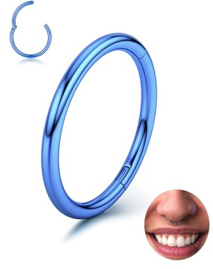 316L Chirurgenstahl 14/16/18/20G Nasenpiercing Septum Piercing Nasenring | 1 Stück Nahtloser Clicker Nasenpiercing Ring mit Scharnier 14K Gold Plated Silber Roségold Schwarz Regenbogen Blau, 5-12mm