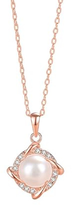 Tolldek Rose Gold Au375/585/750 - Collana da donna delicata, con ciondolo a forma di mulino a vento con perla taglio rotondo bianco, 9 K/14 K/18 K, collana in oro rosa, 40 + 5, Oro rosa 9 carati (375