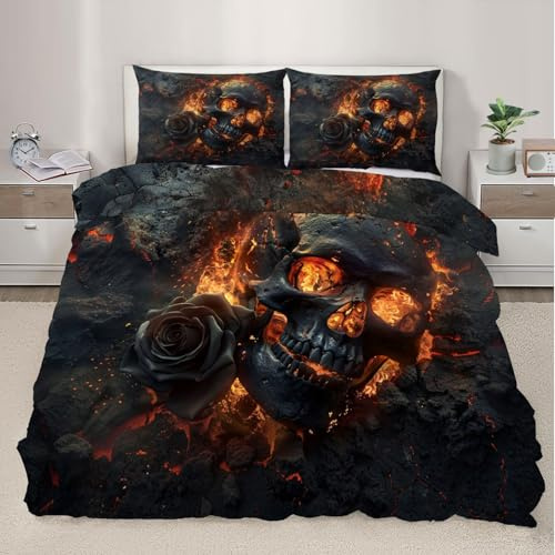 HYGIUID Skull Bedding Set Flaming Roses Duvet Cover with 2 Shams Dark Gothic Soft Lightweight, Easy Care for Adults Guest Rooms (King 220x230cm)