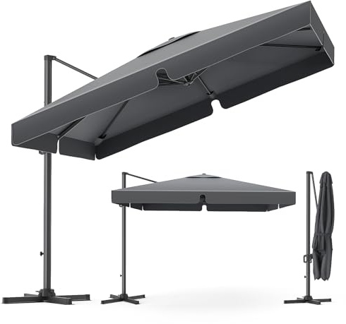 YEAUPE PRO Sombrilla Terraza Exterior 300x300 cm Giratorio 360°, Parasol Jardín con Altura Ajustable, Sombrilla Grande Cuadrado para Patio, Jardín y Piscina con Protección UV 50+, Gris