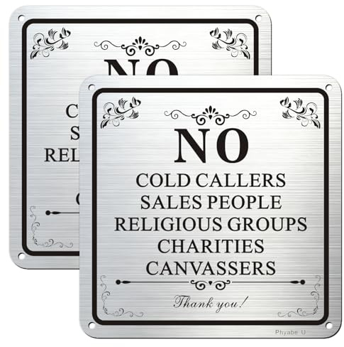 Phyabe 2 Pack No Cold Callers No Sales People Sign Aluminum Self-Adhesive | 15 x 15 cm, Silver No Solicitors Warning Sign, Weather Resistant, Waterproof, Durable Ink, Pre-Drilled Holes, Easy to Install
