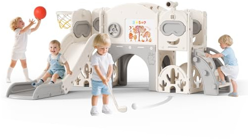 11-in-1 Toddler Slide & Activity Center,Indoor Outdoor Kids Playground Set with Basketball Hoop,Golf Course,Tunnel & Soccer Goal - Freestanding Interactive Toy for Toddlers (Beige-gray)