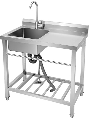 OUBUBY Edelstahl Spültisch, 80×55cm Große Freistehende Edelstahl Spültisch Gastro 1 Becken mit Wasserhahn & Handtuchhalter Gewerbliche Küchenspüle mit Unterschrank für Restaurant, Küche, Garage