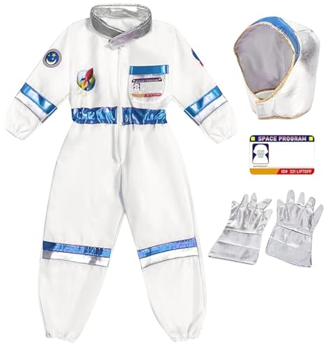 Beichwtd Astronaut Kostüm kinder 3Pcs Weiß Astronautenkostüm Kind Unisex Astronautenoverall Astronauten Helm Silberne Handschuhe Weltall Kostüm für Mädchen Jungen Raumfahrer Spaceman Kostüm Outfit