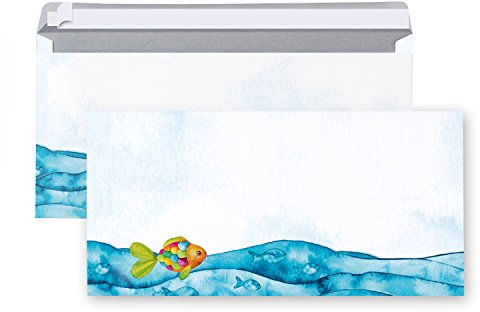Logbuch-Verlag 20 Briefumschläge blau türkis mit buntem FISCH - Kuverts Brief Umschläge maritim DIN lang 22 x 11 cm mit - Briefkuvert Einladung Taufe Kommunion Konfirmation