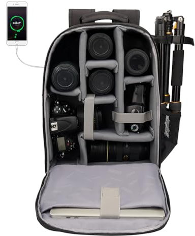 CADeN Kamerarucksack Camera Backpack Wasserabweisend Kameratasche Fototasche Kompatibel mit Sony Canon Nikon und 1 DSLR/SLR 7 Objektiv Stativ Zubehör (Schwarz-L)