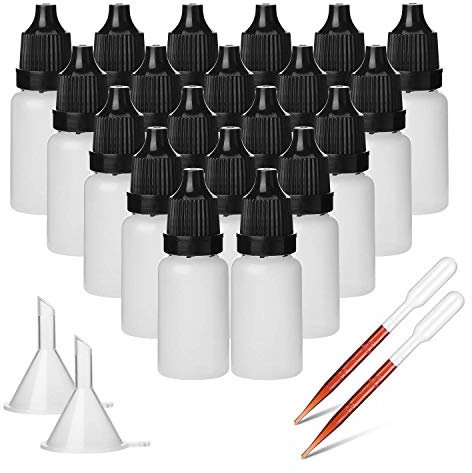 Hyber&Cara 50 Pcs 10ml Dropper Bottle Plastic Squeeze Bottle Eye Liquid Dropper with Tamper Evident Screw Top, Bonus 2 Funnels and 2 Pipette