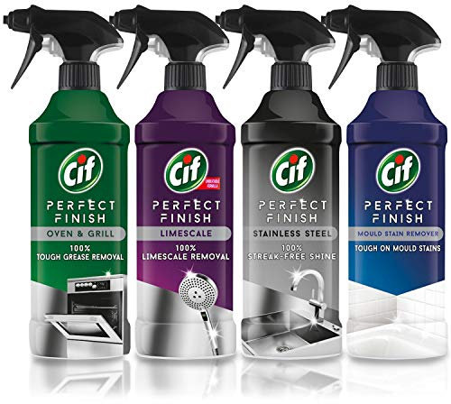 Cif Perfect Finish Spray Cleaning Kit - Pack of 4 x 435ml Spray Bottles (1 x Oven & Grill Cleaner, 1 x Limescale Remover, 1 x Stainless Steel Cleaner & 1 x Mould Remover Spray)
