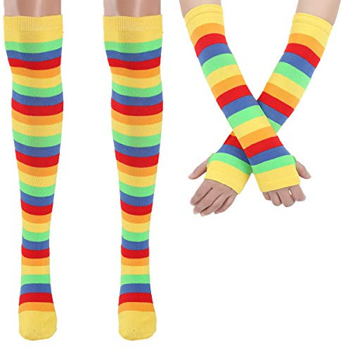 ranrann Mädchen Frauen Gestreifte Kniestrümpfe Handschuhe Regenbogen Bunte Socken Armstulpen Kostüm Zubehör für Fasching Party Strümpfe&Handschuhe_Gelb One Size