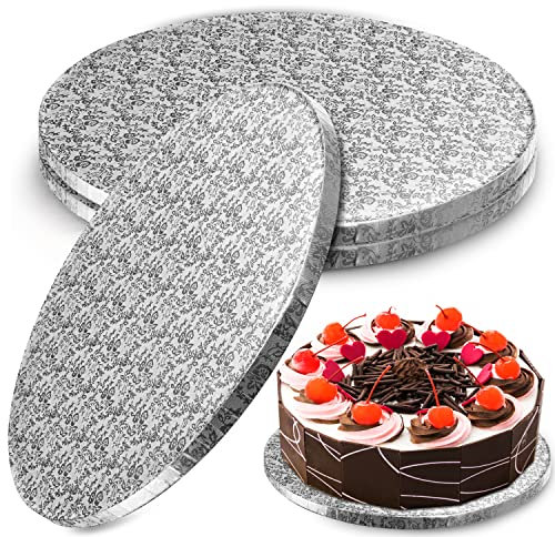 BELLE VOUS Plateau Gateau Carton Rond Argenté (Lot de 3) - Diamètre de 35 cm, Présentoir Gateau Jetable de 13 mm d’Épaisseur - Disque Gateau/Pizza en Carton avec Bords Droits