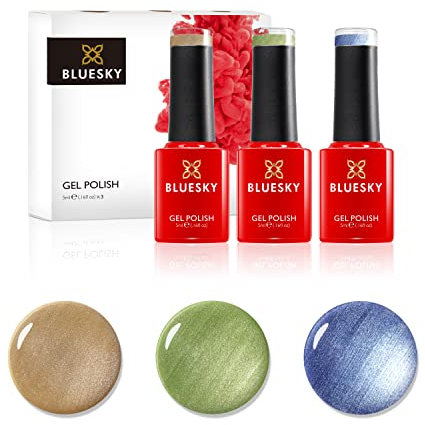 Bluesky Gel Nagellack Set Sommer 2021 Kollektion Trio Set Gold Grün Blau Pastell Schimmer Metallic 3x5ml (Aushärtung unter LED oder UV Lampe)
