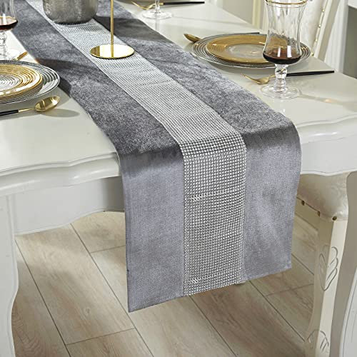Deggodech Grau Tischläufer 32 x 180 cm Glitter Tischläufer Silber Diamant Table Runner für Küchentisch, Kaffeetisch, Kommode,Weinschrank Dekoration (180cm, Grau)