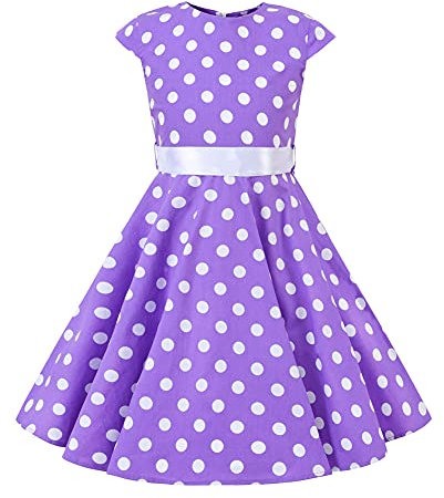 FYMNSI Vestito da bambina vintage anni '50, rockabilly, stile retrò, a pois, motivo floreale, linea A, lunghezza al ginocchio, per 4-12 anni Lilla 7-8 Anni