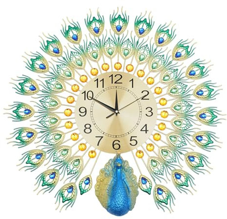 SHZICMY 21 * 21 cm Bunt Wandhängende Pfau Luxus Wanduhr Metalluhr Wanduhr Vintage Metall Wand Uhr Modern Elegant Kunst Deko Geeignet fürWohnzimmer Schlafzimmer