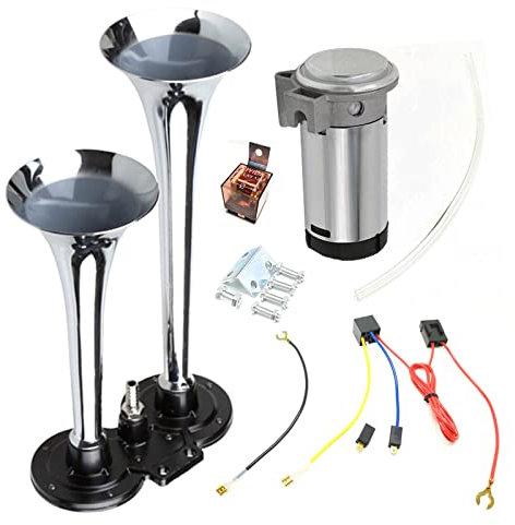 YIYIDA Auto Horn Air Horn 150DB Lautsprecher Chrom Zink Doppeltrompete Silber Lautsprecher Truck Horn Truck Air Horn mit Kompressor Car Horn Lautsprecher für 24V Auto yacht LKW Boot Moto Vans etc