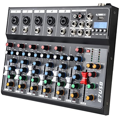 Audio Mixer Channel, Sounds Mixer for Streaming. Mixing Board Console With DJ Mixer 7 Channel, Usb Audio Interface and 48V Phantom Power Mixer, DJ Studio Sound Board with FX Reverb Delay Effect.