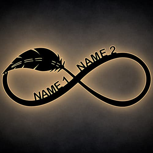LEON FOLIEN Led Unendlichkeitszeichen mit Feder Geschenke Deko Herz mit 2 Namen personalisiert Lasergravur Abendlicht für Verlobung Braut Schlummerlicht Nachtlicht Hochzeitstag