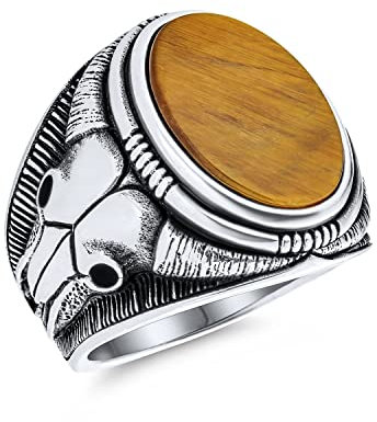 Herren Signetring Mit Braunem Tigerauge Ovalen Edelsteinen Im Western Stil Mit Texas Longhorn Büffelschädel Antilopen Ziegenkopf Aus .925Er Sterlingsilber Hergestellt In Der Türkei Individualisierbar