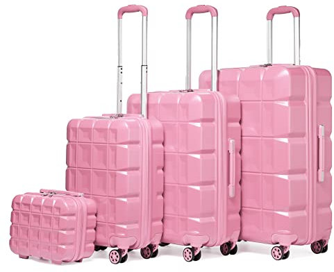Kono Set de 4 Valise Rigide ABS Valise de Voyage 54cm Valise Moyenne 62cm Valise Grande 72cm à roulettes et Serrure TSA et Trousse de Toilette, Rose