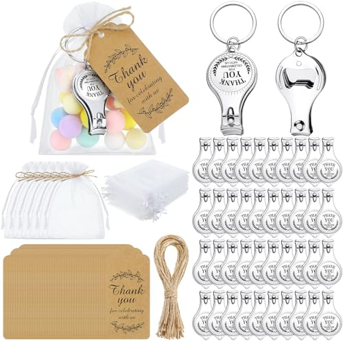 BBTO 50 Sets Bottle Openers Baby Shower Favors for Guests Gifts Nail Clipper Keychain with Thank You Tags and Organza Bags Gender Reveal for Baby Shower Souvenirs Wedding Party Favors