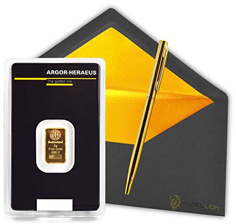 2g Gold-Barren Gold-Plättchen von Argor-Heraeus, 999.9 Feingold LBMA zertifiziert, Echtheitsgarantie + Albellion® Kugelschreiber gratis