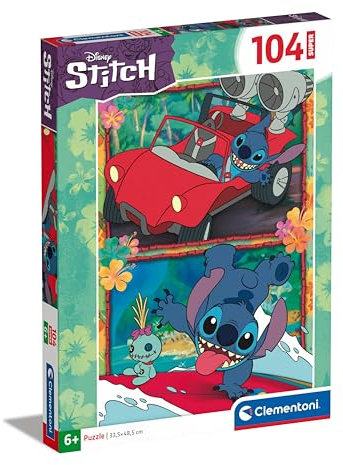 Clementoni - 27571 - Supercolor Puzzle - Super Disney Stitch - 104 Pieces| Jigsaw Puzzle For Kids Age 6| Puzzle Cartoon| Made In Italy