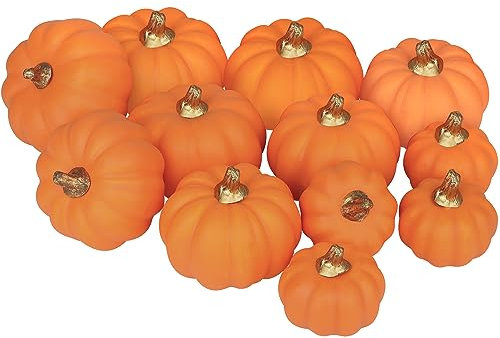 Miaikoe Künstliche Kürbisse 12Pcs Verschiedene Größen Bulk Orange Ernte Lebensechte Kürbis gefälschte Schaum Kürbisse Set für Herbst Herbst Halloween Party Thanksgiving Urlaub Dekor Anzeige